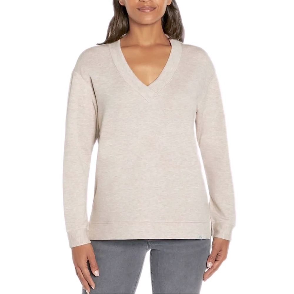 Orvis Women’s Fleece Lined Oatmeal Heather V-neck Pullover Sweater Size XL